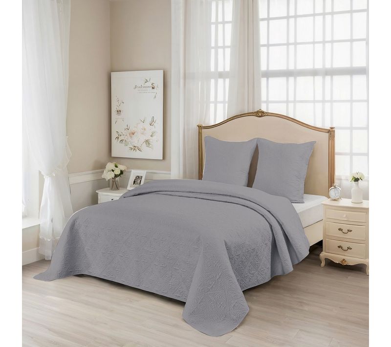 Couvre Lit Matelassé Gris 230x250 Cm + Taies - Enveloppe Percale Coton 85 Fils, Élégant, Sobre Et