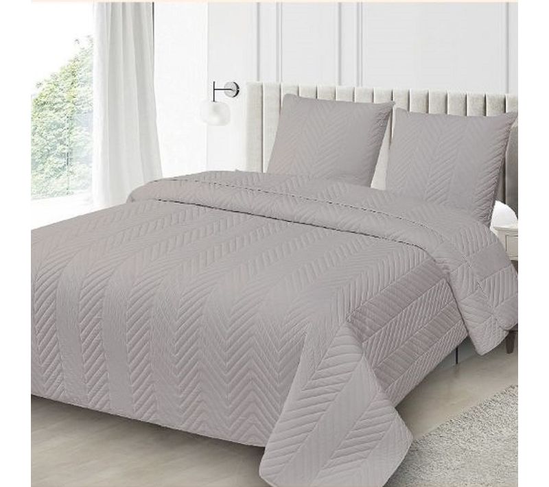 Couvre Lit Gris 240x260 Cm Avec Broderies Géométriques + 2 Taies 65x65 Cm - Boutis Grande Dimension,