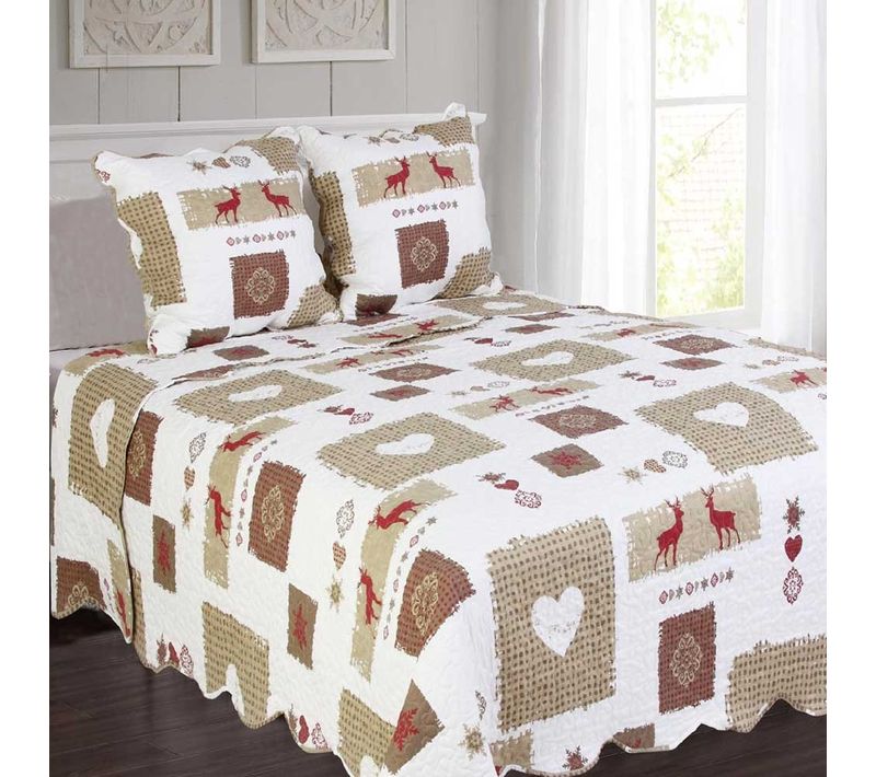 Couvre Lit Megève 260x260 Cm + 2 Taies 65x65 Cm - Boutis Grande Dimension Esprit Chalet Savoyard,