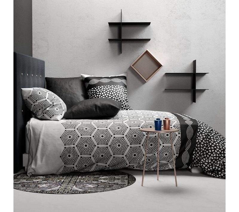 Housse De Couette 260x240 Pavage 100% Coton 57 Fils - Parure De Lit Motifs Graphiques Noirs Et