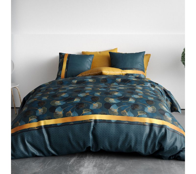 Housse De Couette Ginko Pur Coton 57 Fils - Parure De Lit Bleu Minéral Et Dorée Avec 2 Taies