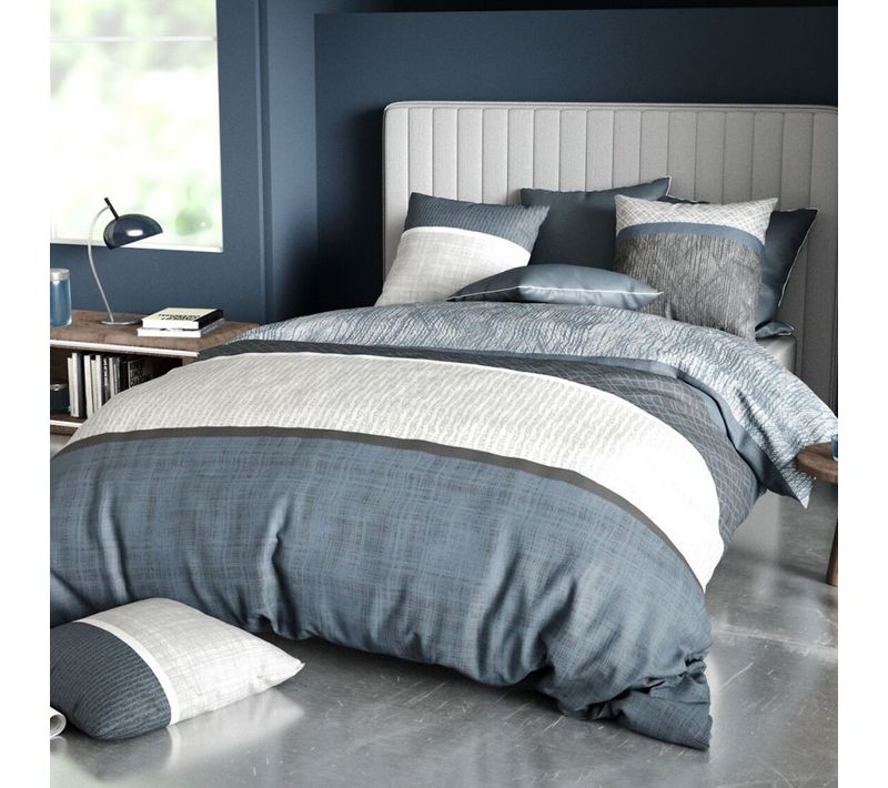 Housse De Couette 220x240 Cm Bréhat 100% Coton 57 Fils - Parure De Lit Lignes Grises Et Bleues Avec