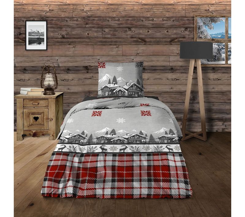 Housse De Couette Chalet + Taie(s) 65x65cm - 100% Coton 57 Fils - Grand Teint, Finition Rabat
