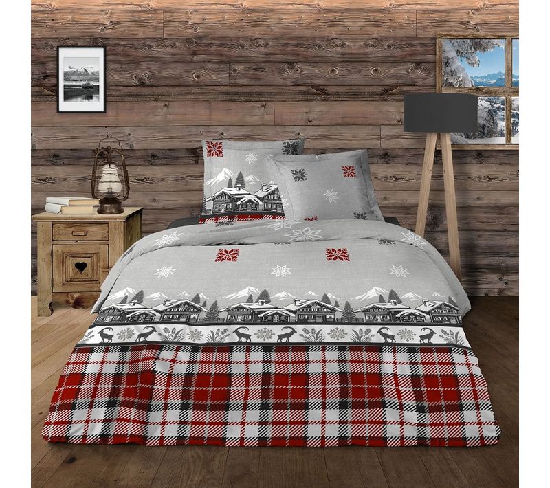 Housse De Couette Chalet + Taie(s) 65x65cm - 100% Coton 57 Fils - Grand Teint, Finition Rabat -
