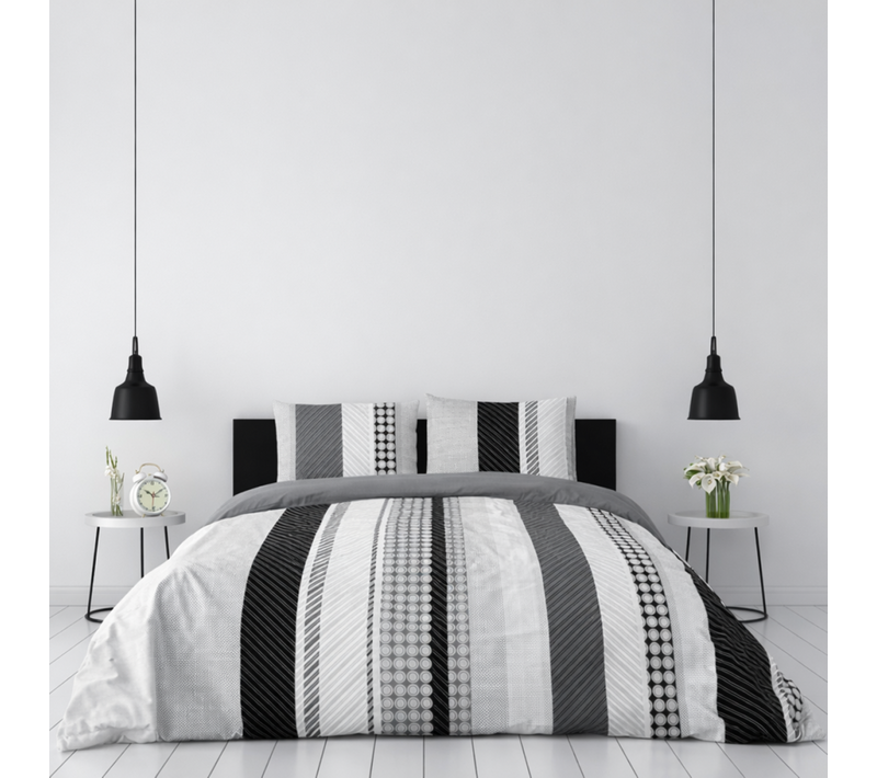 Housse De Couette Géométrique Gris - 100% Coton 57fils - Grand Teint - Dessin Exclusif + Taie(s)