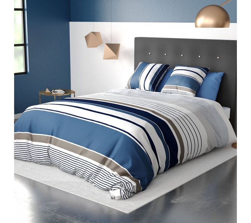 Housse De Couette Belize à Rayures Bleues, Taupes Et Blanches 220x240 Cm + 2 Taies Carrées - 100 %