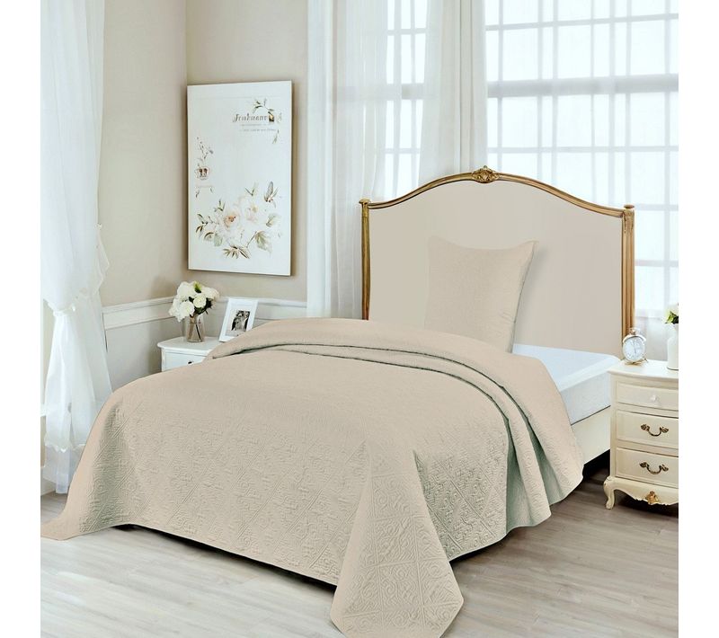 Couvre Lit Matelassé Couleur Unie Lin Avec Taies - Enveloppe 100 % Percale De Coton, Boutis Pour Lit