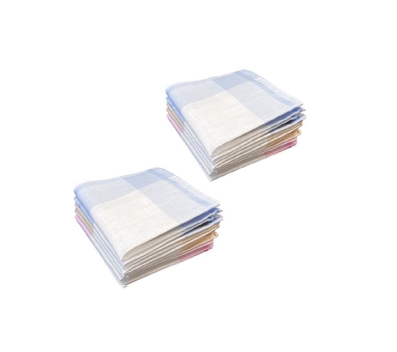 Lot De 12 Mouchoirs En Tissu Femme Bleu, Rose Et Beige 100% Coton 28x28 Cm