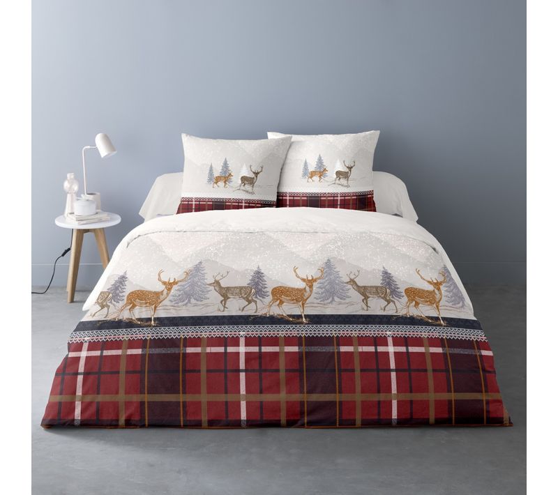 Housse De Couette Formigal 240x220 Cm + 2 Taies - Motif Cerfs Et Tartan Rouge - 100 % Coton