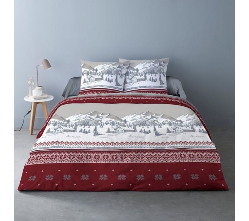 Housse De Couette Navacerrada 220x240 Cm 100 % Flanelle De Coton + 2 Taies - Dessin Chalet Montagne