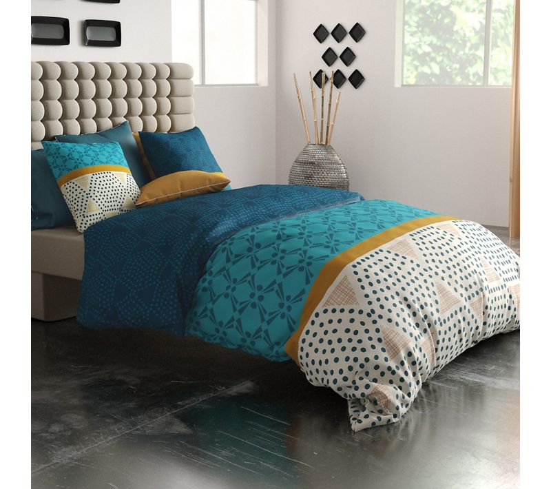 Parure De Lit 220x20 Cm Oda 100% Coton 57 Fils - Housse De Couette Graphique Bleue Et Moutarde