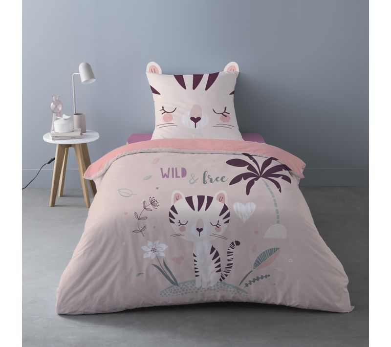 Housse De Couette Katie Esprit Jungle Sur Fond Rose 140x200 Cm + Taie - 100 % Coton 52 Fils
