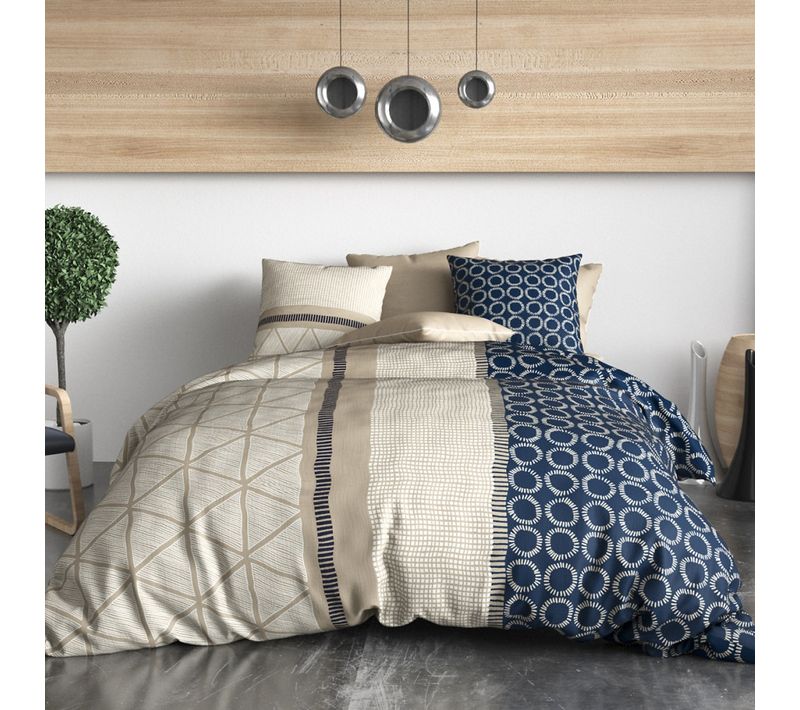 Housse De Couette 260x240 Nairobi + 2 Taies Carrées - Parure De Lit 100% Coton Style Ethnique Bleue
