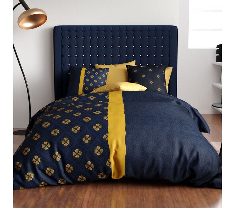 Housse De Couette 220x240 Cm Nil 100% Coton 57 Fils - Parure De Lit Bleu Nuit Et Or + 2 Taies 63x63