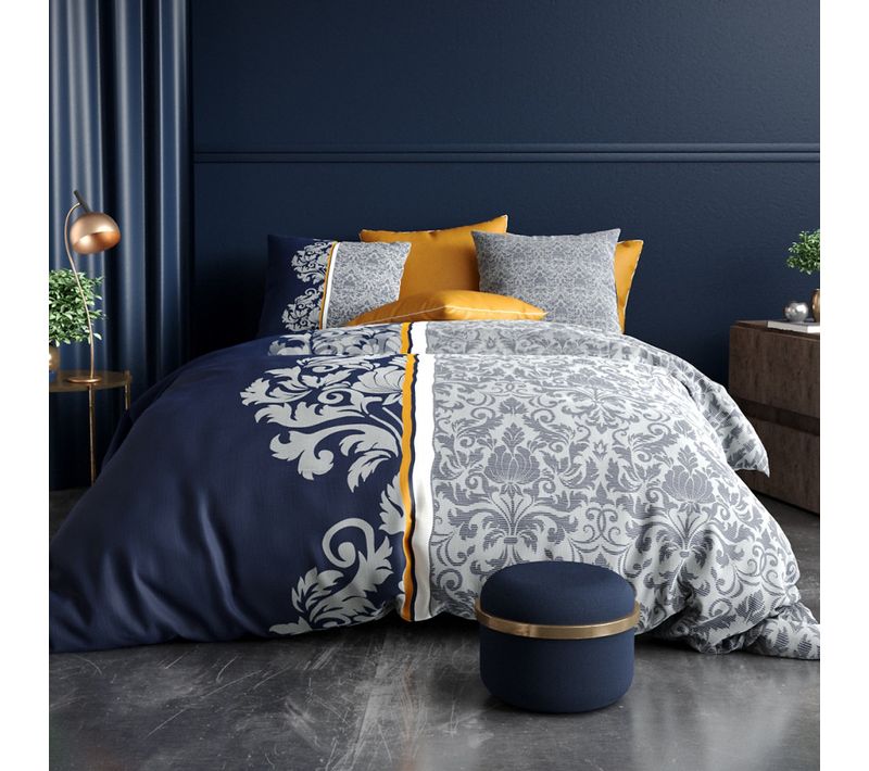 Housse De Couette 260x240 Cm Arabesque - Parure De Lit Orientale Bleu Marine Et Safran 100% Coton 57