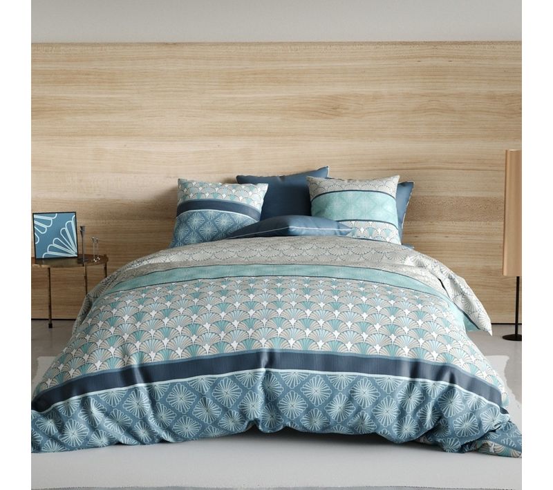 Housse De Couette 260x240 Cm Zircon - éventails Art Déco Bleus Et Gris Coton 57 Fils + 2 Taies -
