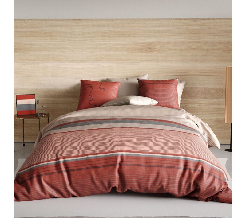Housse De Couette Hana 100% Coton Percale 71 Fils + 2 Taies - Rayures Terracotta Et Sable - Style
