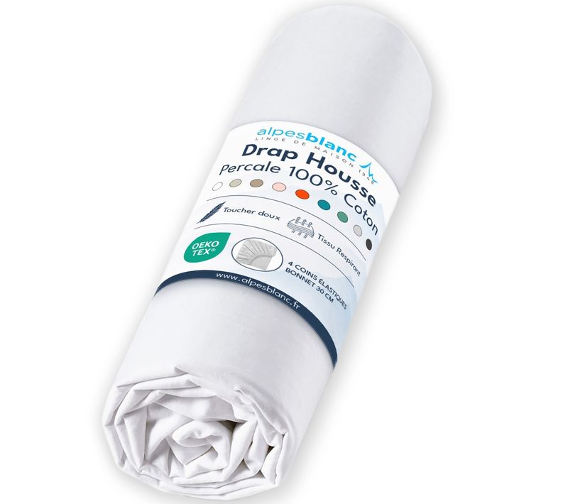 Drap Housse Blanc 100% Percale De Coton 80 Fils/cm² 90x200 Cm - Fabrication Européenne