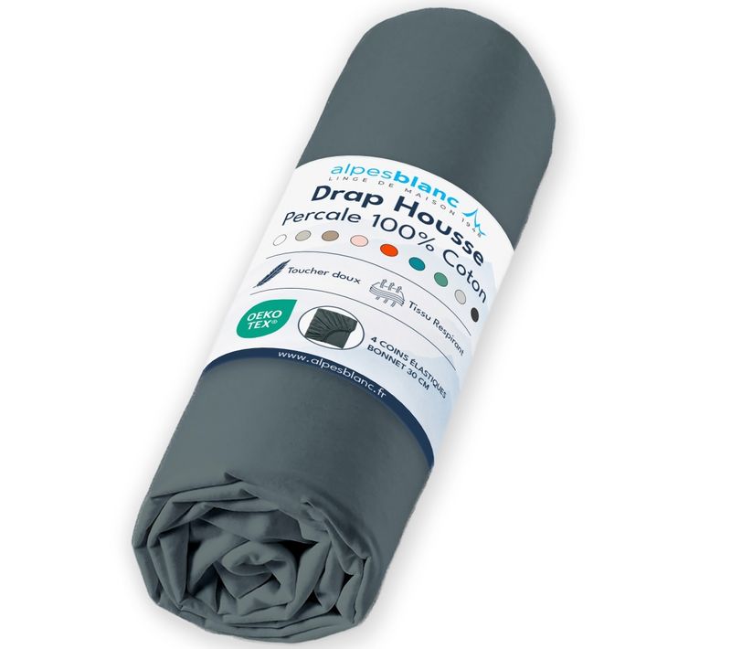 Drap Housse Anthracite 100% Percale De Coton 80 Fils/cm² 90x200 Cm - Fabrication Européenne