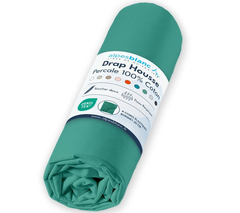 Drap Housse Céladon 100% Percale De Coton 80 Fils/cm² 200x200 Cm - Fabrication Européenne