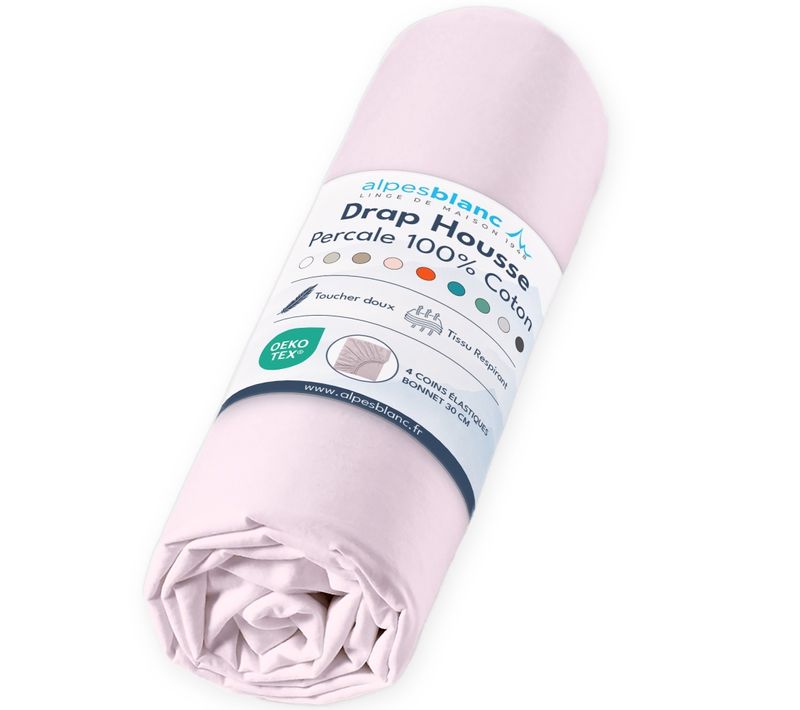 Drap Housse Rose Poudré 100% Percale De Coton 80 Fils/cm² 200x200 Cm - Fabrication Européenne