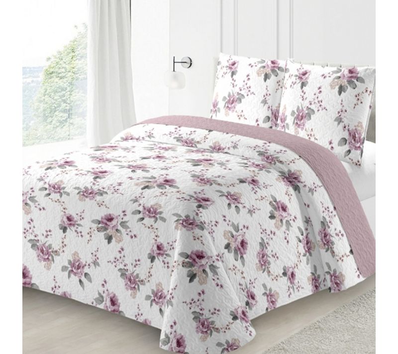 Couvre Lit Boutis Flora, Printanier Rose Et Blanc 220x240 Cm + 2 Taies Assorties Pour Lit Double