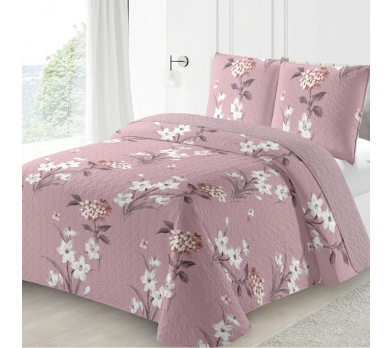 Couvre Lit Bouquet Floral 220x240 Cm + Taies 65x65 Cm - Boutis Fleuri Sur Fond Vieux Rose, Ambiance