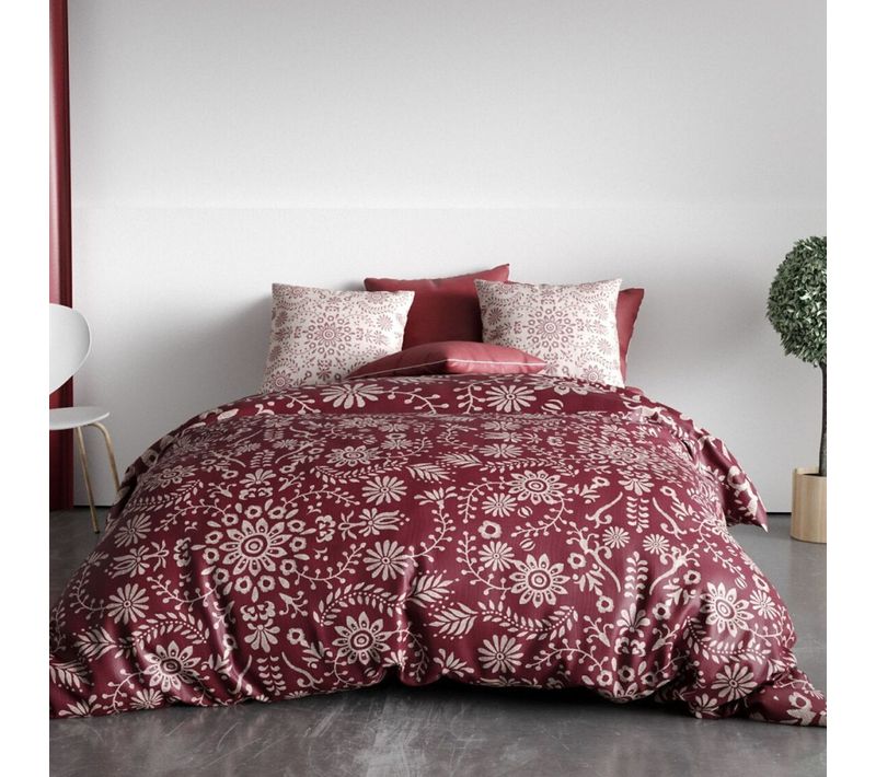 Housse De Couette 200x200 Cm Vishka + 2 Taies - Pur Coton Bio 57 Fils - Motifs Fleuris Sur Fond