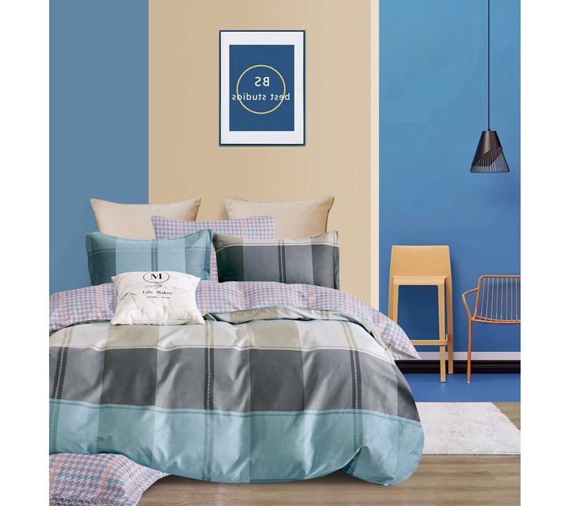 Housse De Couette Réversible À  Carreaux Bleu Et Gris Percale De Coton 220x240 Cm + 2 Taies Carrées