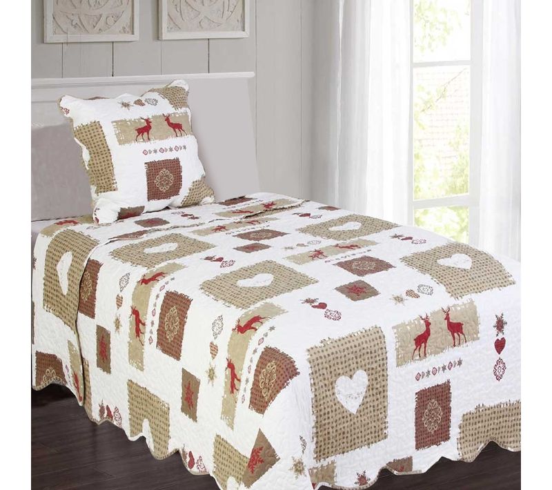 Boutis Montagne Mégève 180x240 Cm + Taie 65x65 - Couvre Lit Ambiance Chalet, Déco Cosy Et Qualité