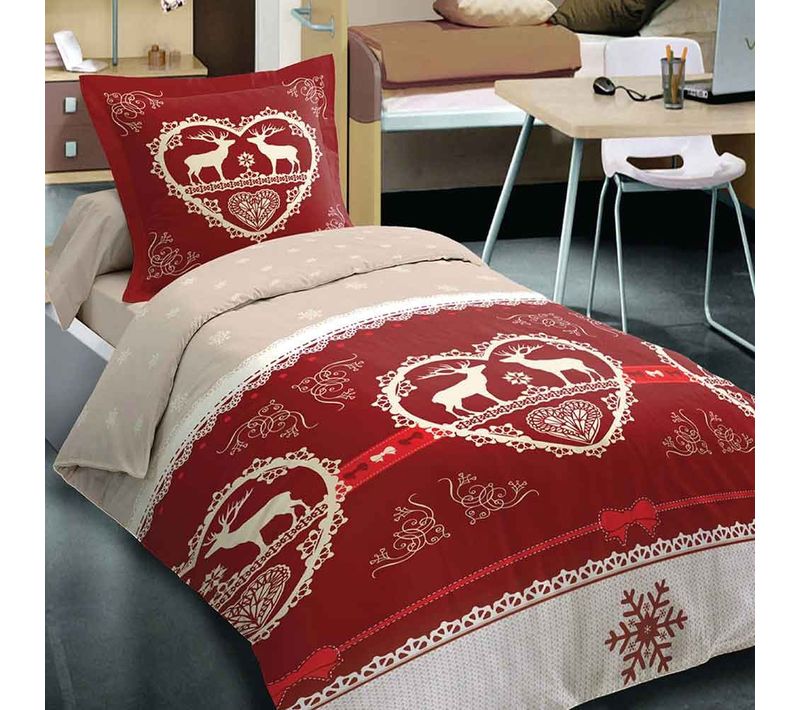 Housse De Couette Coton 140x200 Chalet Winter Rouge + Taie - 100% Coton- 57fils/cm²-grand Teint
