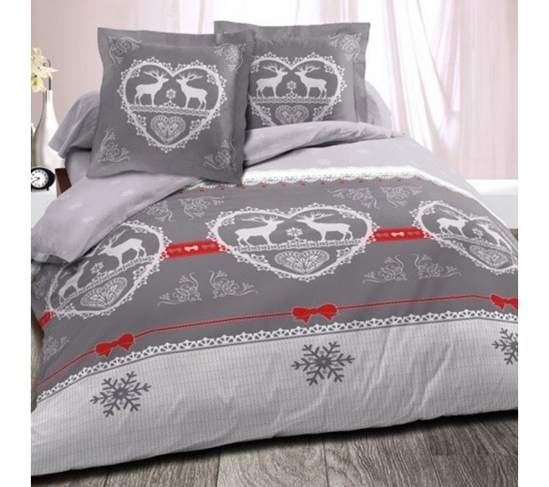 Housse De Couette Winter Gris 200x200 Cm + 2 Taies 65x65 Cm - 100 % Coton, Style Chalet Montagn,