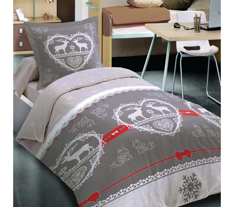 Housse De Couette 1 Place Chalet Winter Gris 140x200 Cm + 1 Taie - 100 % Coton 57 Fils, Ambiance