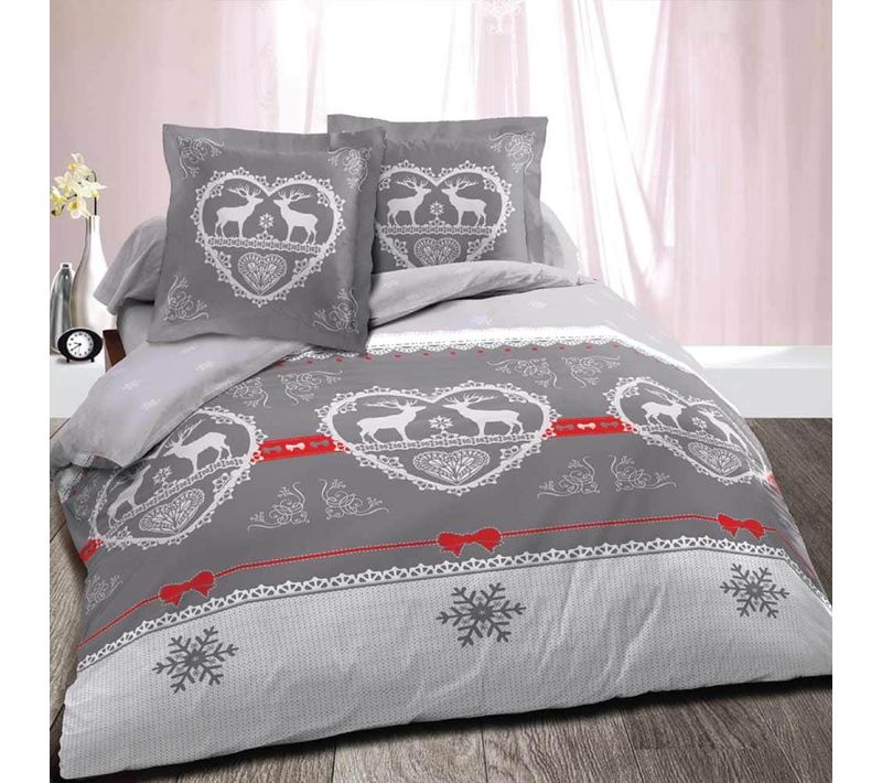 Parure De Draps Chalet Winter Gris 160x200 Cm - 100 % Coton 57 Fils, 4 Pièces Drap Plat, Drap Housse
