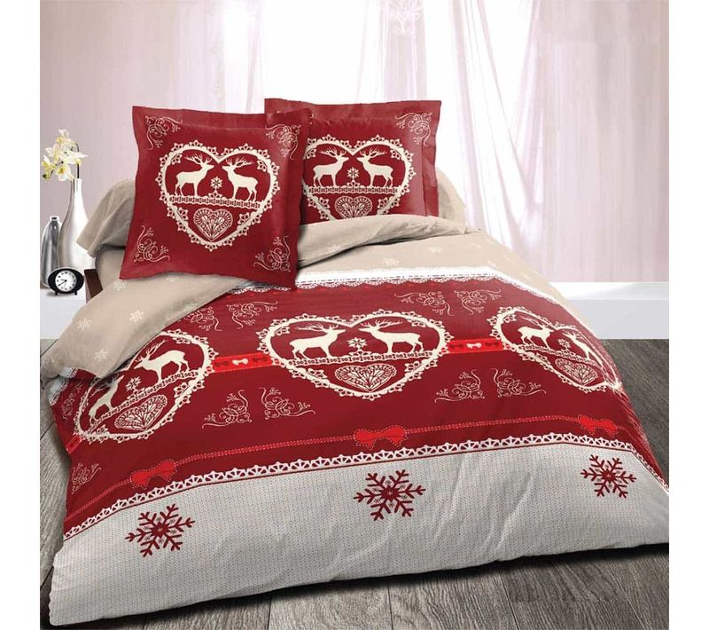 Parure De Draps 4 Pièces Winter Rouge 160x200 Cm - 100 % Coton 57 Fils, Drap Plat, Drap Housse Et 2