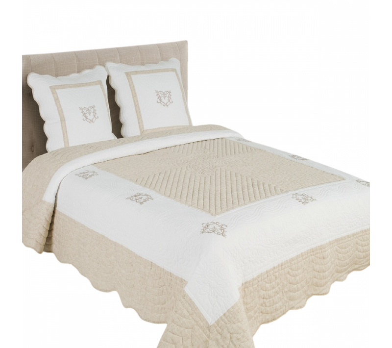Boutis Peaceland – Grande Dimension 260x260 Cm- 100% Coton Coloris Lin. Couvre Lit Matelassé, Brodé,