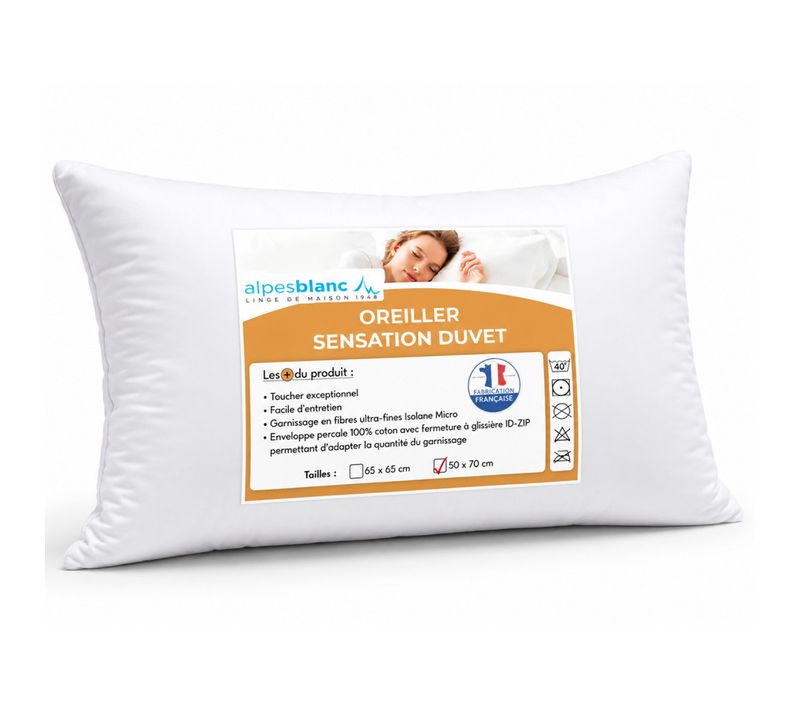 Oreiller Sensation Duvet Moelleux Et Gonflant, Confort Hôtel – Enveloppe 100% Coton – Fabrication