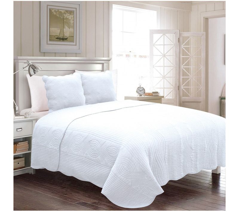 Couvre Lit Blanc 2 Personnes 230x250 Cm + 2 Taies - Boutis 100% Coton - Piquage En Vagues