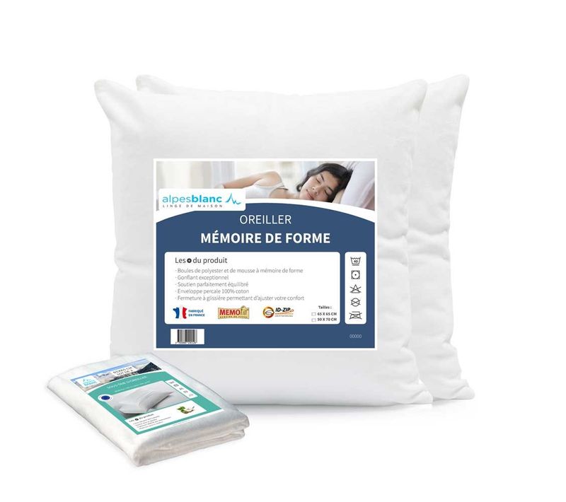 Pack 4 Pièces 65x65-2 Oreillers Mémoire De Forme + 2 Sous Taies Coton