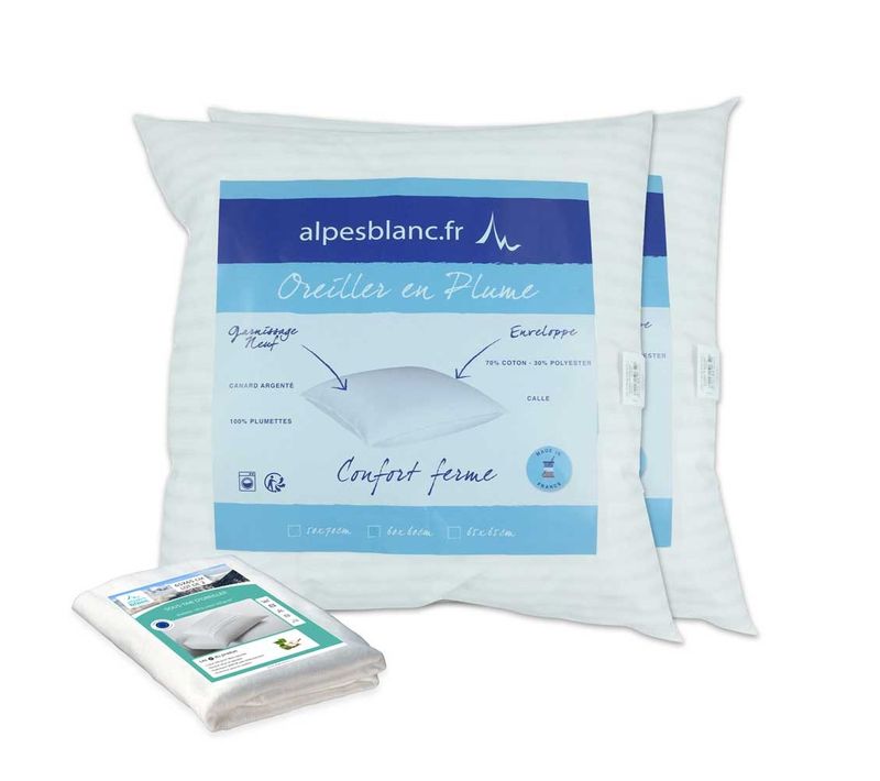 Pack 4 Pièces-2 Oreillers Naturels 65x65 En Plumes + 2 Sous Taies Coton