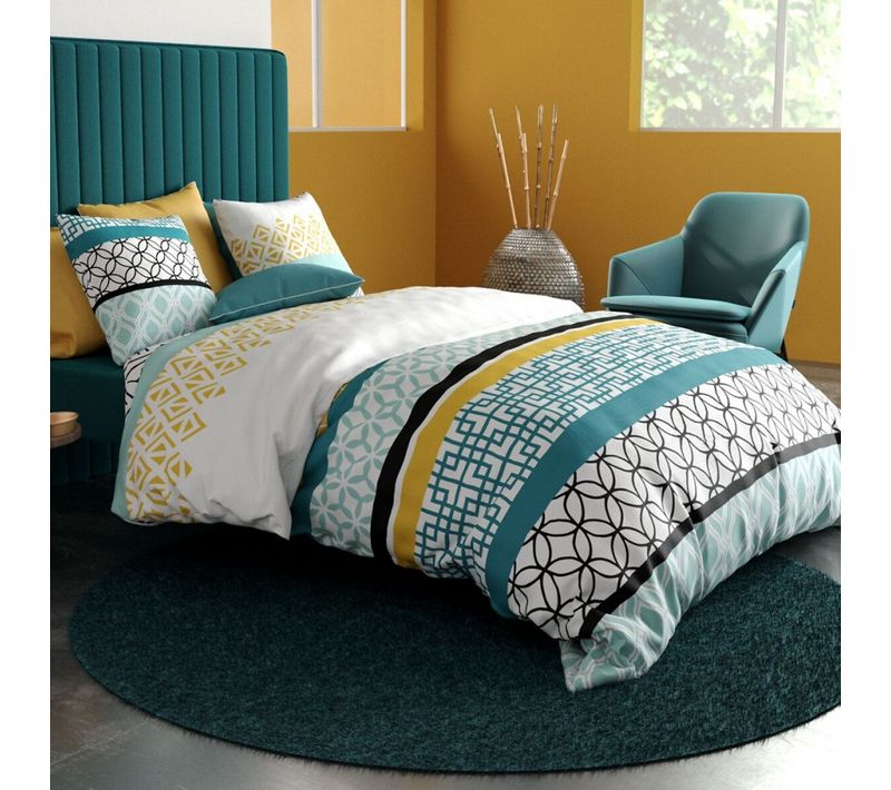 Housse De Couette 260x240 Cm Citedor + 2 Taies - 100% Coton 57 Fils - Dessins Géométriques