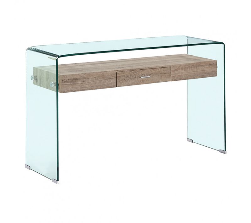 Console L. 125 Cm En Verre Trempé Avec Tiroir Décor Chêne - Ice