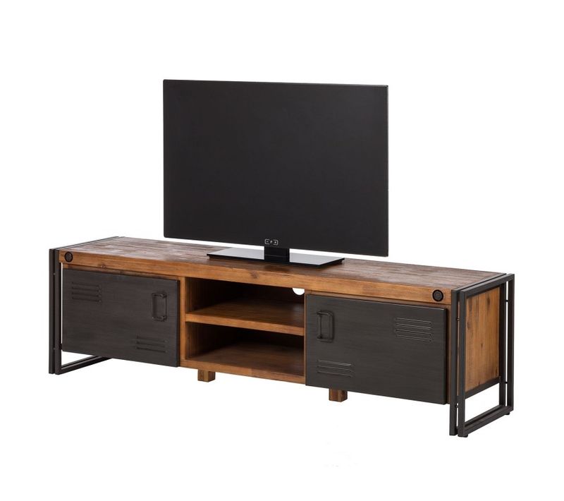 Meuble TV 180 Cm 2 Tiroirs 2 Niches Bois Acacia Et Métal - Workshop