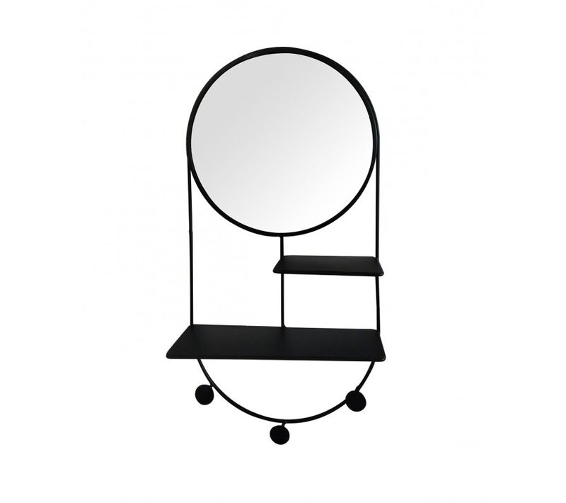 Miroir Mural Rond Avec étagères Et 3 Patères En Métal Noir - Miror