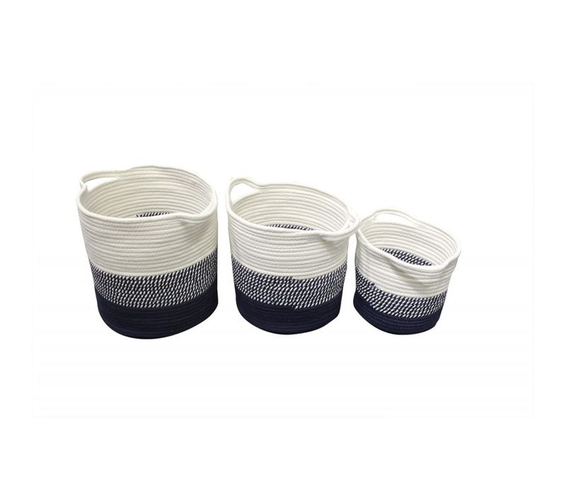 Set 3 Paniers De Rangement Rond En Corde Tressée Blanc Bleu - Coton