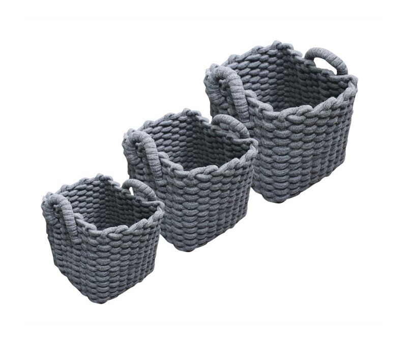 Set 3 Paniers Carrés En Corde De Coton Tressée Gris Avec Anses - Lov