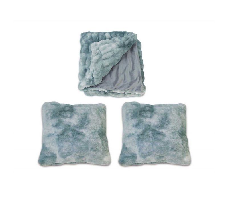 Lot Plaid + 2 Coussins Bleu Fausse Fourrure Ultra Douce - Calinou