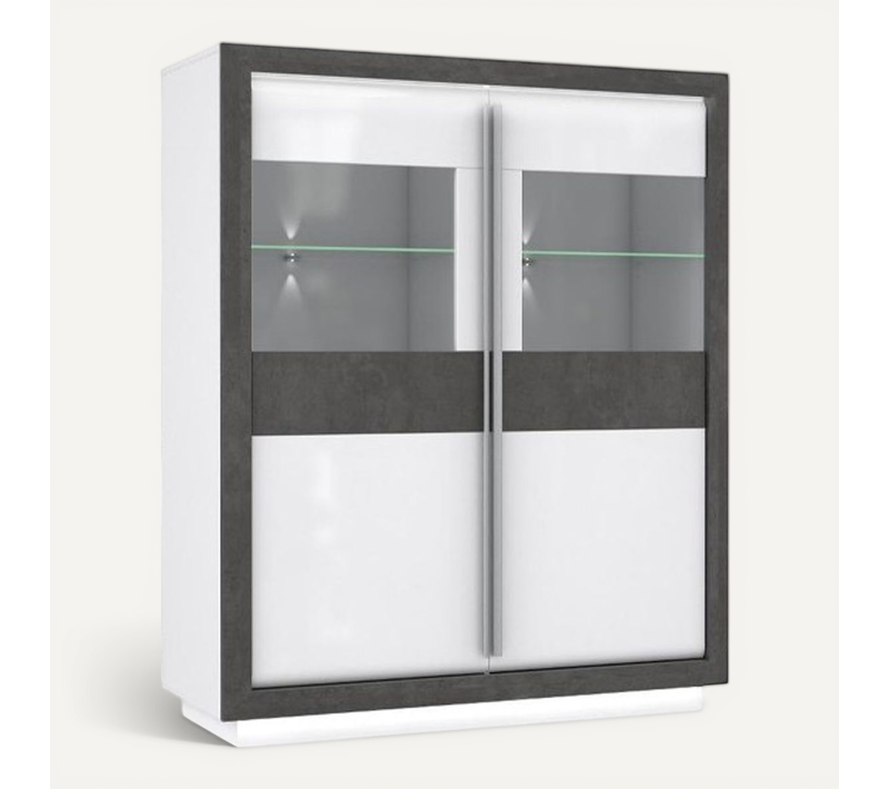 Armoire Vitrine 2 Portes Blanc Laqué Décor Gris Béton Et LED - Calvi