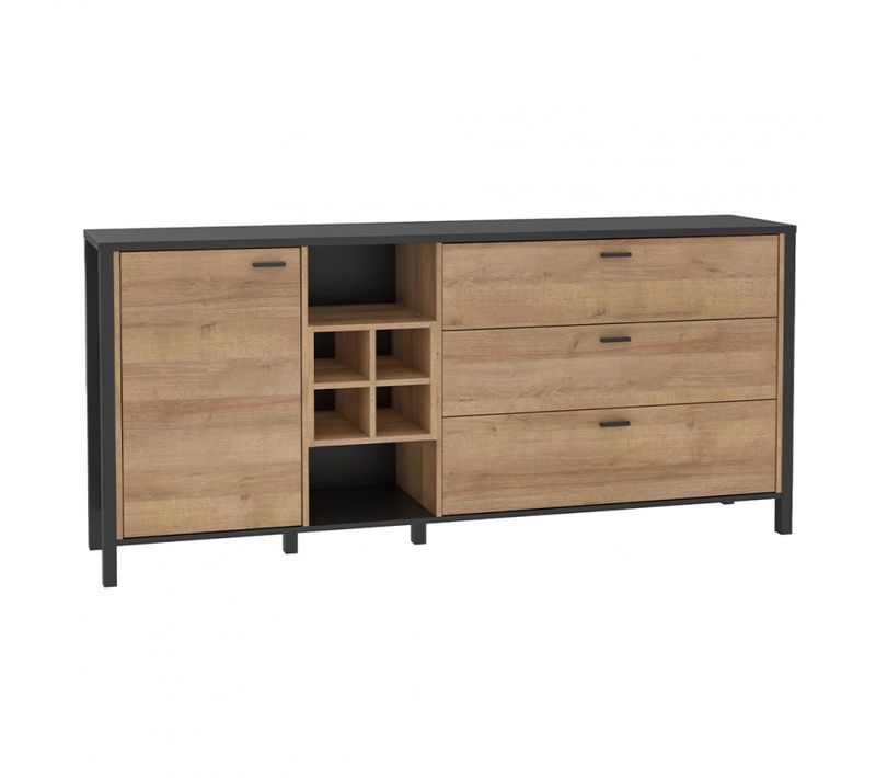 Buffet 186 Cm 1 Porte 3 Tiroirs Décor Bois De Chêne Et Noir - Mode