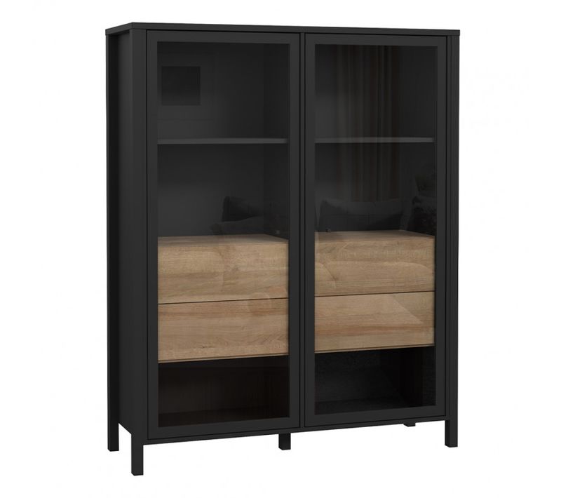 Vitrine 121 Cm 2 Portes 4 Tiroirs Décor Bois De Chêne Et Noir - Mode